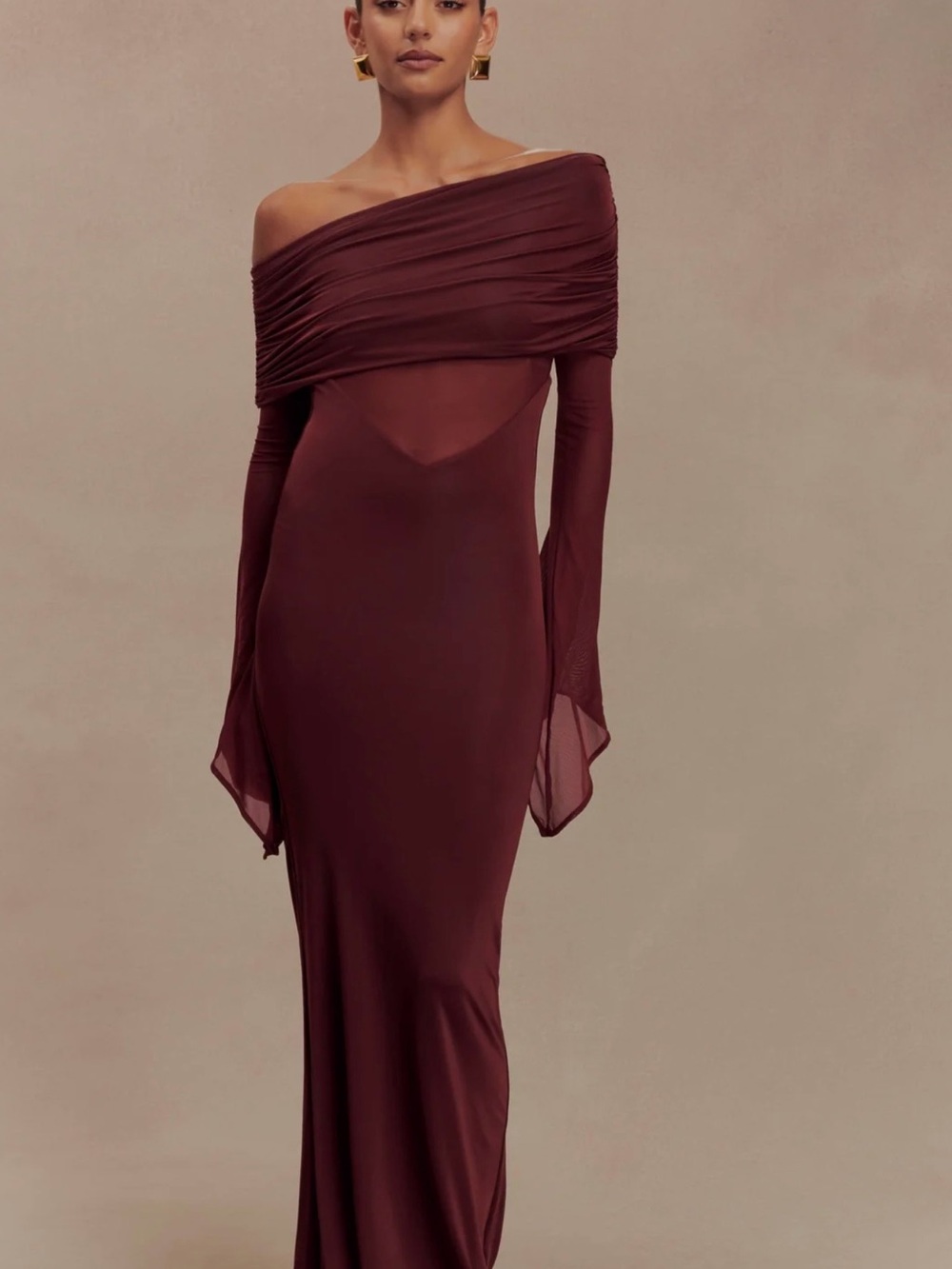 Meshki Off-Shoulder Burgundy Maxi Dress